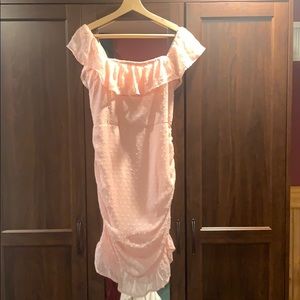 Off the shoulder, textured, ruffled pink dress